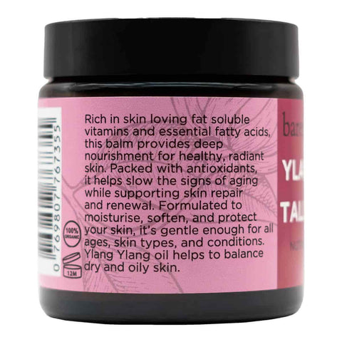Pink jar with black lid containing balm, featuring product information and health benefits on a white background