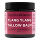 Jar of Ylang Ylang Tallow Balm with pink label and black lid on white background