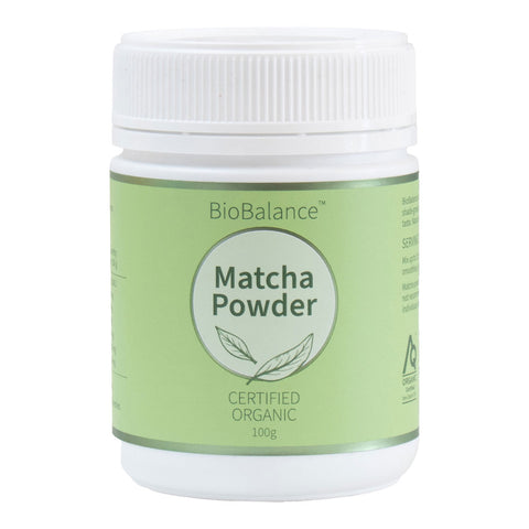 Jar of BioBalance Matcha Powder on a white background