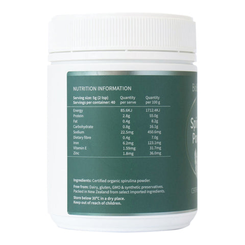 Nutrition information label on BioBalance Certified Organic Spirulina Powder container. 200g. 
