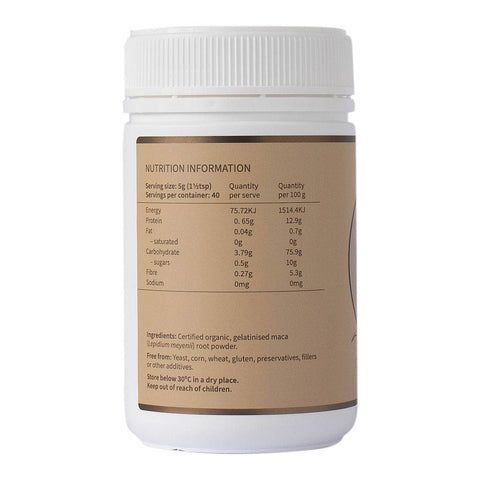 Nutrition information label of BioBalance Maca Powder.