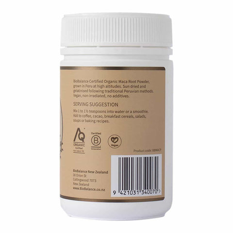 Maca Powder label showing serving suggestions & notes about being sources from Peru.