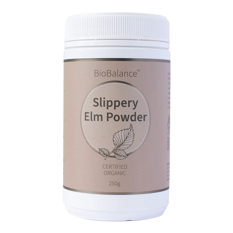 Bottle of BioBalance Slippery Elm Powder on a white background