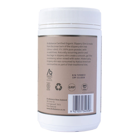 Back label of a white container with text and logos on a white background