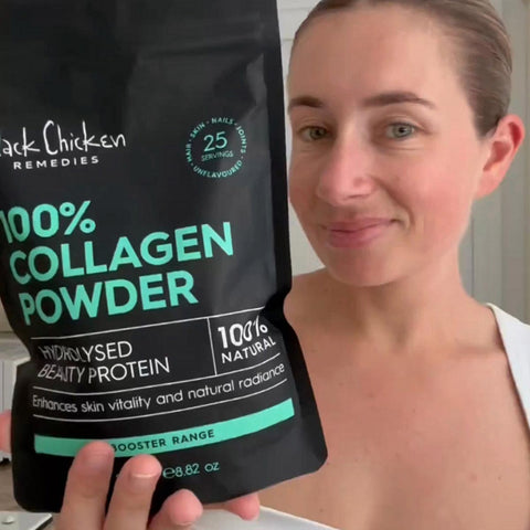 Person holding a package of Black Chicken Remedies 100% Collagen Powder