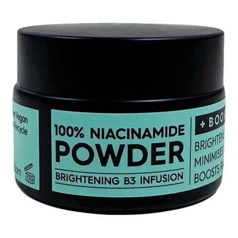 Jar of Black Chicken Remedies 100% Niacinamide Powder 10g with black lid and teal label.
