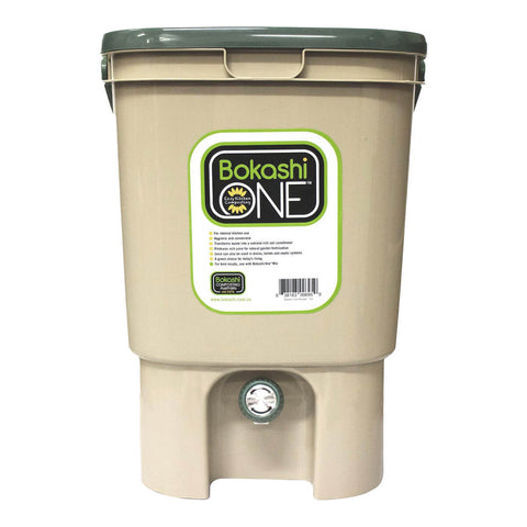 Tan Bokashi One bucket composting system on a white background.
