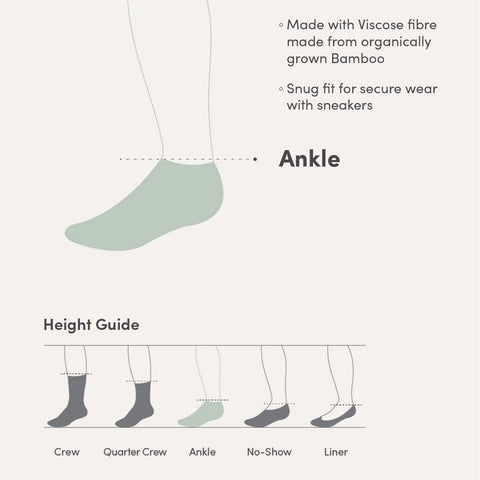 Ankle sock with height guide and material information on a white background
