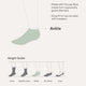 Ankle sock with height guide and material information on a white background