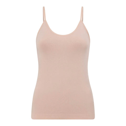 Boody Base Layer Cami Top Nude, a flat pale pink camisole with thin straps and a scooped neckline, front view on a plain white background