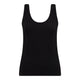A solid black sleeveless tank top with a wide scoop neckline, displayed flat against a plain white background.