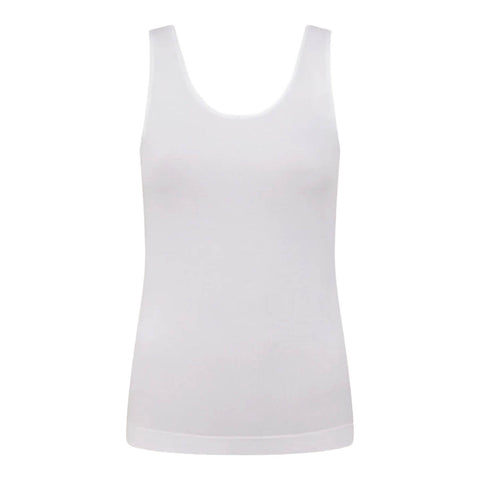 A plain white sleeveless tank top with a wide scoop neckline, displayed on a solid white background.