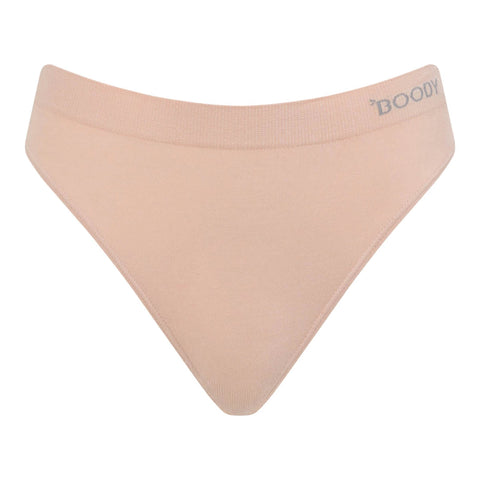 A light peach-beige seamless underwear brief with a wide ribbed waistband featuring the brand name 'BOODY' in gray, shown against a plain white background.