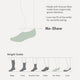 An informational product graphic for a no-show sock. It shows a simplified foot wearing a pale sage green no-show sock, with text noting it is made from visco fibre from organically grown bamboo and has a low-rise fit.