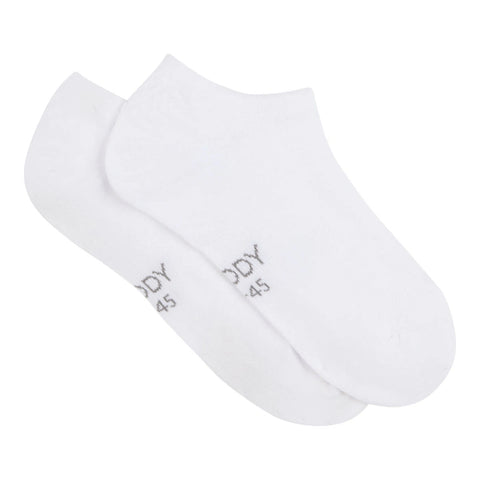 Two white low-cut ankle socks overlapping on a plain white background, with small gray Boody text printed near the toes.