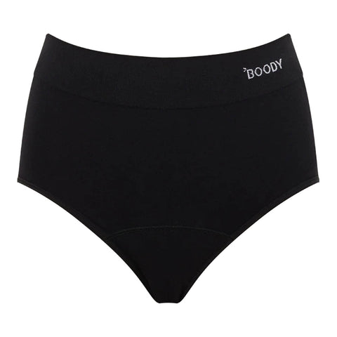 Boody Period & Leak Proof Full Briefs Light-Moderate Black, a flat black full brief with a wide logo waistband, front view on a plain white background