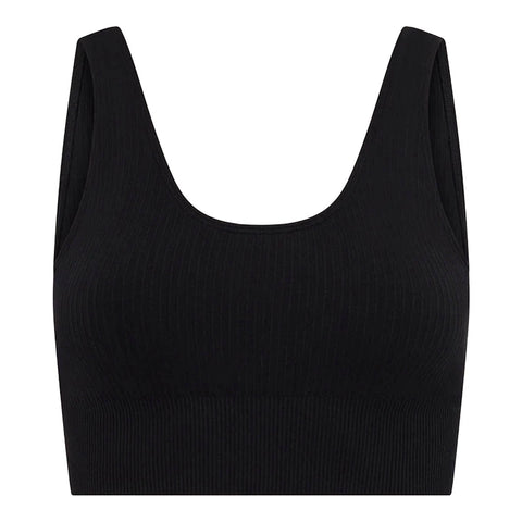 A black ribbed knit scoop-neck tank top with wide shoulder straps, shown against a plain white background.