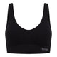 A black scoop-neck sports bra with wide shoulder straps and a ribbed underband, featuring the brand name 'BOODY' in white on the lower right of the band, shown against a plain white background.