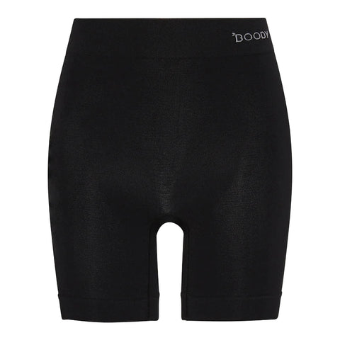 Boody Seamfree Undershorts 6 inch Black, flat product shot of black shorts with a logo waistband, front view on a plain white background