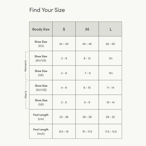 Size chart for Boody sock products showing shoe size conversions.