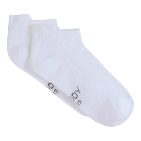 Pair of white ankle socks on a white background.