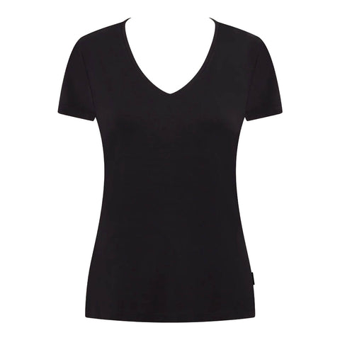 Boody Women's Base Layer V-Neck T-Shirt Black flat product shot of the short sleeve v-neck tee, front view on a plain white background