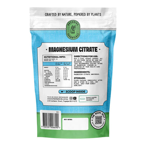 Package of magnesium citrate with nutritional information and directions for use on a white background