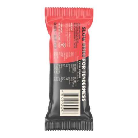 Back view of a beef bar, featuring a red top half and a black bottom half with white text and a barcode.