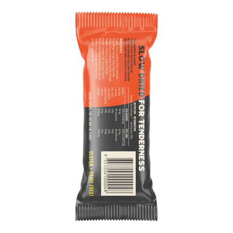 The back of a beef bar wrapper, featuring orange and black packaging with product details and a barcode.