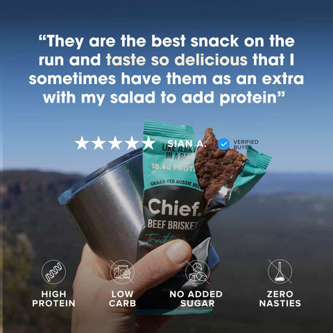 Chief Beef Brisket snack package with a scenic background and customer quote.