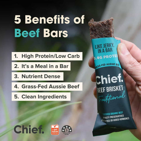 Chief Beef Brisket bar held by a hand with text listing benefits of beef bars.