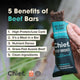 Chief Beef Brisket bar held by a hand with text listing benefits of beef bars.
