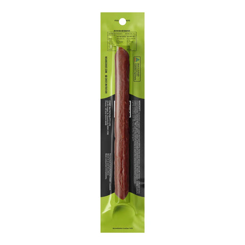 A single beef jerky stick in a bright lime green and black package.