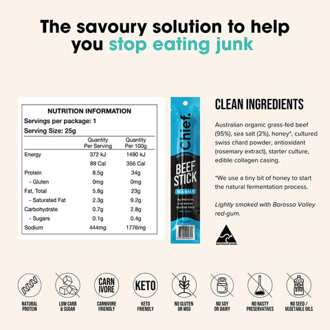 A nutrition information card for Chief Beef Stick in Sea Salt flavour, featuring a nutrition facts label, product packaging, ingredients list, and health icons.