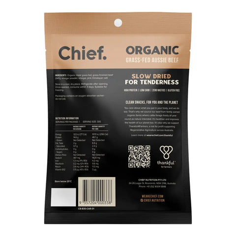 Back of 30g bag of Chief Biltong in Carnivore flavour, showing the ingredients, nutrition facts, and barcode.