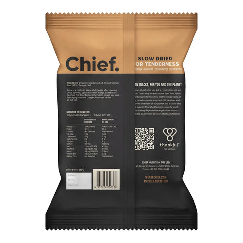 Back of 90g bag of Chief Biltong in Carnivore flavour, showing the ingredients, nutrition facts, and barcode.