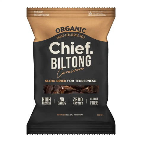 90g bag of Chief Biltong in Carnivore flavour. Packaging features a black lower half with white text, a brown band at the top.