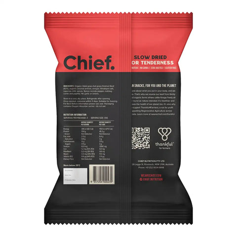Back of 90g bag of Chief Biltong in Cayenne Chilli flavour, showing the ingredients, nutrition facts, and barcode.