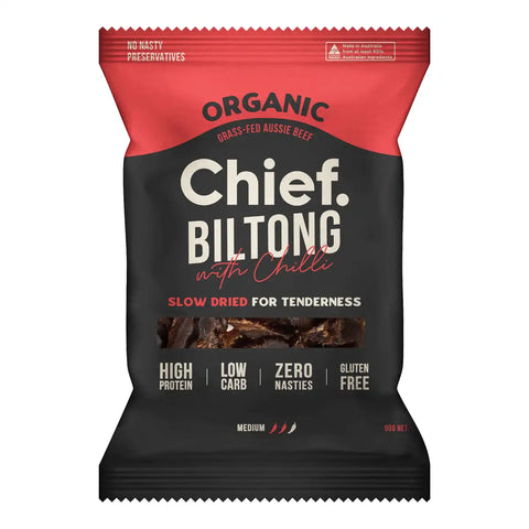 90g bag of Chief Biltong in Cayenne Chilli flavour. Packaging features a black lower half with white text, a red band at the top.