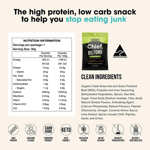Product information graphic for Chief Biltong. Features a nutrition facts label, a lime green and black bag of Chief Biltong, and a list of ingredients.