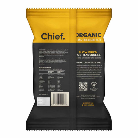 Back of Chief Biltong Smokey BBQ showing nutritional panel and ingredients.