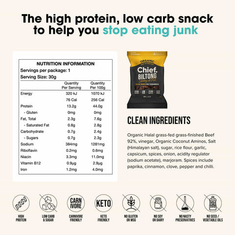 Chief Biltong snack packaging with nutrition information and ingredient list on a white background