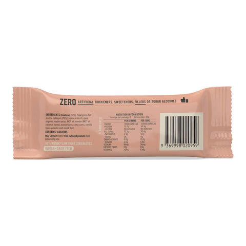 Back view of collagen protein bar with ingredients and nutritional information.