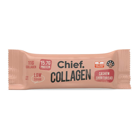 Chief Collagen cashew shortbread protein bar on a white background