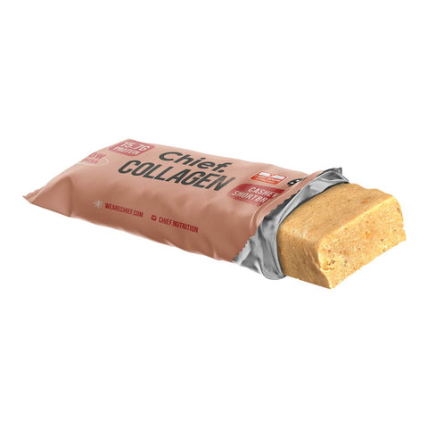 Opened Chief Collagen protein bar with packaging on a white background