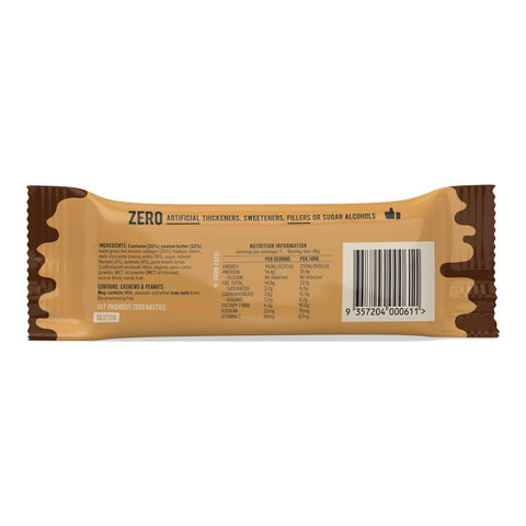 Back of collagen protein bar choc peanut butter with ingredients and nutritional information.