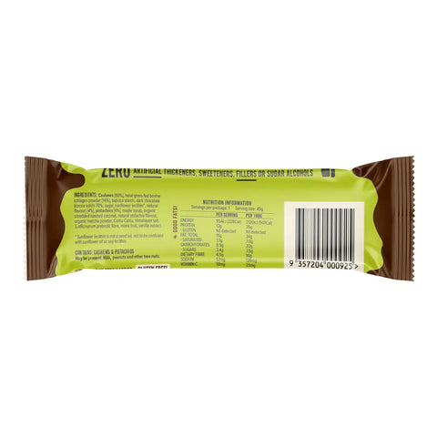 The back of a packaged snack bar wrapped in a bright lime green sleeve, with brown ends, a barcode, and nutrition facts printed on a white background.