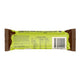 The back of a packaged snack bar wrapped in a bright lime green sleeve, with brown ends, a barcode, and nutrition facts printed on a white background.