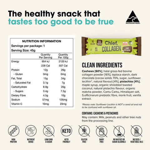 An informational product graphic for Chef's Collagen bar, featuring a nutrition information label, clean ingredients list and multiple dietary icons.