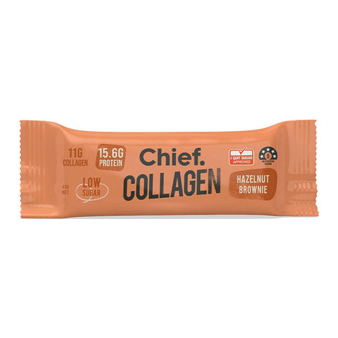 Chief Collagen hazelnut brownie protein bar packaging on a white background